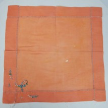 Vintage Doily Orange w/ Blue Embroidery Floral Approx 9x9 Inch Cotton - $10.33