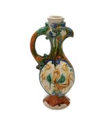 Chinese Asian Glazed Mud Vase Jug Bird Animal Multicolor Handles Antique 8&quot; - $98.97