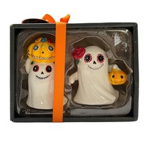 Blue Sky Clayworks Halloween Ceramic Salt &amp; Pepper Shakers Spooky Ghost Pumpkin - £14.30 GBP