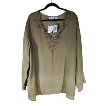 Millenium Women&#39;s NWT Green Blouse V Neck Cotton Blend Long Sleeve Top Size 22 - £17.72 GBP