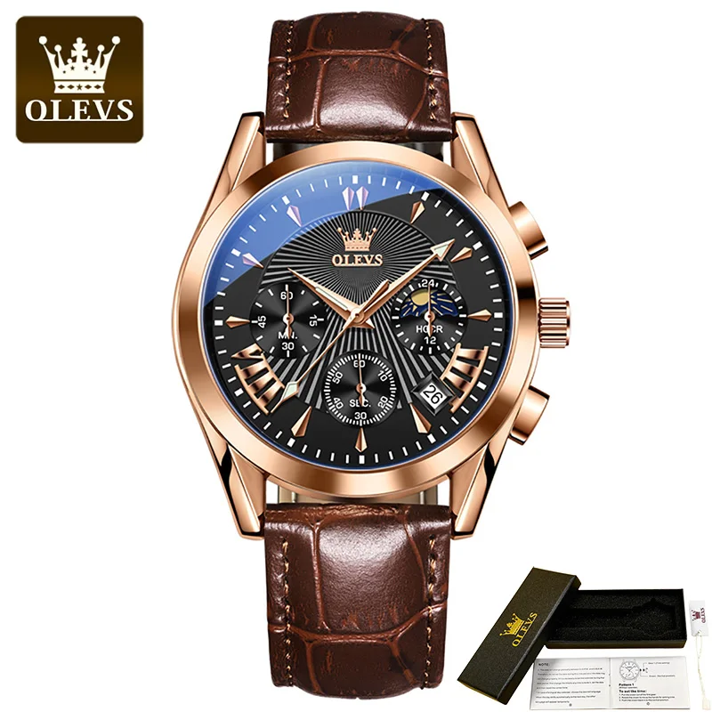 Watch OLEVS 2876 Waterproof   for Men Leather Strap Multifunctional  Men Wristwa - £46.97 GBP