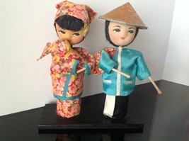 1950s Chinese Asian Man Woman holding Baby Handmade Dolls Rice Farmer Coolie Hat - £13.97 GBP