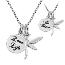 Beautiful Dragonfly and &#39;Love Life&#39; Dual Pendant .925 Sterling Silver Necklace - £23.88 GBP