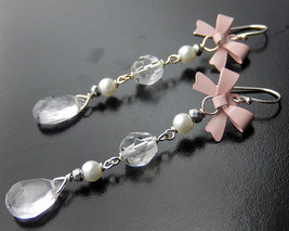 Pink Bow Earrings, Amethyst Drops, Long Romantic Dangle Earrings - $35.00