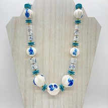 Vintage Ceramic Bead 30&quot; Necklace Blue White Gold Tone Spacer Beads Chunky - £21.67 GBP