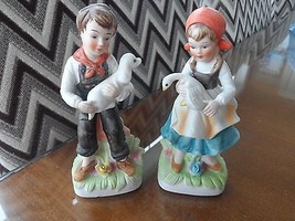 Vintage HOMCO Norleans German Boy &amp; Girl Porcelain Figurines Goose Dog MCM Decor - £10.77 GBP