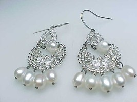 Vintage PEARL, CUBIC ZIRCONIA and Sterling Silver Dangle Earrings - 1 3/... - $68.00