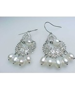 Vintage PEARL, CUBIC ZIRCONIA and Sterling Silver Dangle Earrings - 1 3/4 inches - $68.00