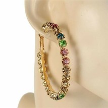 MultiColored Crystal Gold Hoop Earrings 2.5&quot; Design Bling Fashion Jewelry Womens - £21.31 GBP