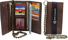 Men&#39;s RFID Signal Blocking Biker&#39;s Vintage Brown Leather Long Tri-fold Chain Che - $54.55