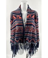 Belle Du Jour Cardigan Sweater Size Large Coral Blue Open Front Fringe A... - $24.75