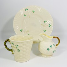 Set of 3 Belleek Irish pottery Jug, Mug and Harp Shamrock 8 Inches Plate - $83.76