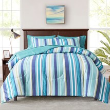 Boho Striped Bed In A Bag 6 Pieces Twin Size, Navy Blue And White Stripes Printe - £69.19 GBP