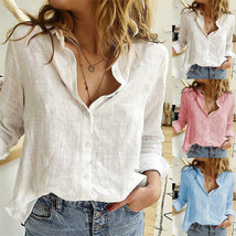 PlusSize Women Linen Shirt Button T Shirts Solid Blouse Casual Long Sleeve Tops - £12.85 GBP