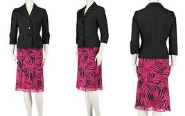 Le Suit The Hamptons Women&#39;s Three-Button 2PC Printed Skirt Suit Black/Deep Rose - £47.95 GBP