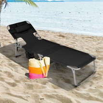Folding Beach Lounge Chair with Pillow for Outdoor-Black - £85.64 GBP