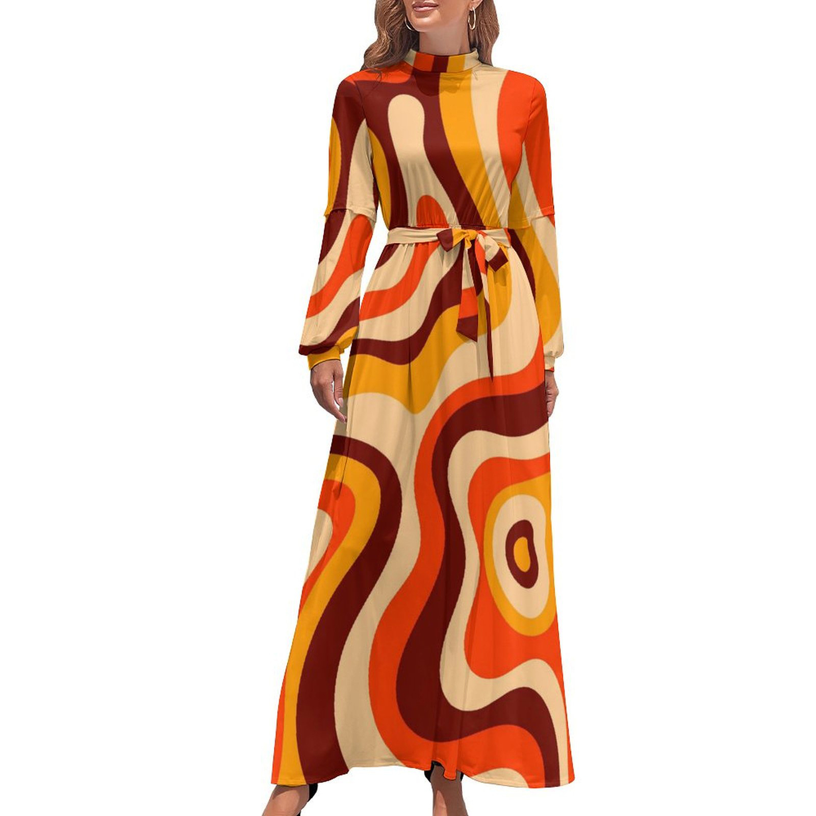 Woman 70s Groovy Vibes Retro Long Sleeve High Neck Long Dress (Size XS to XL)