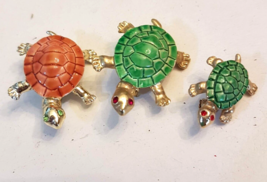 Green &amp; Orange Turtle Family Father Mother Baby Brooch Rhinestone Eyes Pin LOT - £19.03 GBP