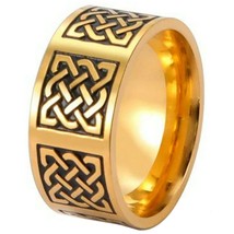 Gold Celtic Ring Stainless Steel Norse Knotwork Viking Wedding Band - £14.38 GBP