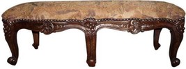 Long Footstool French Country Farmhouse Carved Wood Serpentine, Gold Fabric - £496.33 GBP