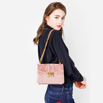 Charles &amp; Keith Velvet Push Lock Shoulder Bag Medium Chain PU Handbag Pink - £35.29 GBP