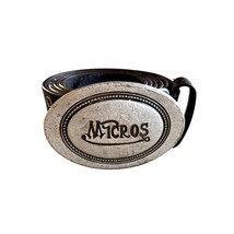 Micros men&#39;s Brown leather belt W/ silver plated large buckle Y2K Western - £30.41 GBP