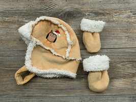 Grasslands Road Fleece Hat And Mittens Boy&#39;s 3-6 Months Beige/White Owl ... - £14.08 GBP