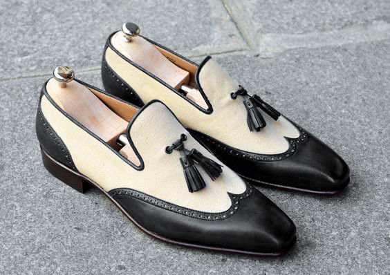 NEW  Handmade men fashion wingtip two tone leather shoes, Men beige and Black s
