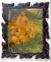 VTG Jesus w/Sheep Acrylic/Epoxy 18&quot;x15&quot; Hand Made 50/60&#39;s Style Unusual Beautifu - £10.18 GBP