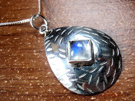 Moonstone Convex Hammered Square on Teardrop Necklace 925 Sterling Silver New - $14.39