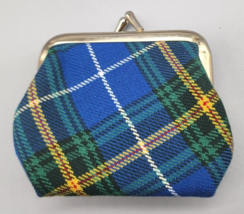 Small Plaid Double Coin Purse Change Holder Kiss Lock Blues Green Yellow - $10.32