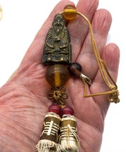 Vintage Hanging Talisman with Glass Beads Metal Elder Figure and Tassel ... - $13.33