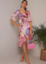 CHI LONDON Manche Courte Cravate Front Rose Floral Robe UK 10 (FM39-9) - $59.90