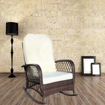 Outdoor Wicker Rocking Chair, Wide Seat, Thick Beige Cushion. Patio. - $161.99
