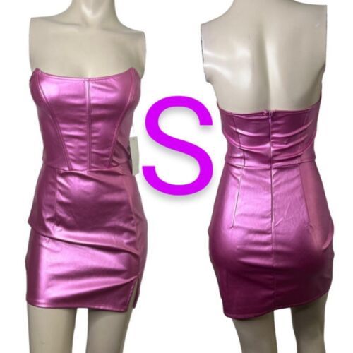 Primary image for Metallic Pretty Pink Faux Leather Sexy Tube Strapless Corset Mini Dress~Size S