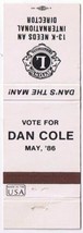 Matchbook Cover Lions Club International Vote For Dan Cole - $0.67