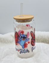 Peace, Love, Stitch 16 oz  Glass Can Tumbler  with Bamboo Lid and Straw - £10.16 GBP