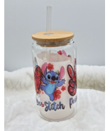 Peace, Love, Stitch 16 oz  Glass Can Tumbler  with Bamboo Lid and Straw - £10.21 GBP