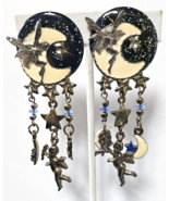 Enamel Glitter Crescent Moon Stars Cherubs Long Dangle Clip-on Earrings ... - $34.65