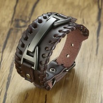 Vnox Wide Leather Wristband for Men Stylish Genuine Leather Bangle with Metal Ch - £11.14 GBP