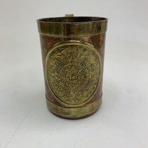 Vintage Handmade Copper Brass Mug Cup Aztec Mayan Calendar 4.75x3.25 Inches - £42.36 GBP