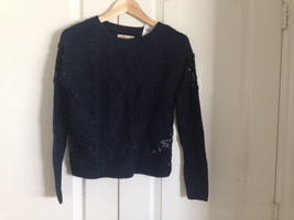 Hollister Women Navy Blue Lace Long Sleeve Floral Cable Knit Cotton Sweater S - £23.36 GBP