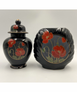 Vtg Japanese Fine China Ceramic Ginger Jar Oval Vase Black Gold Red Popp... - $58.37 CAD