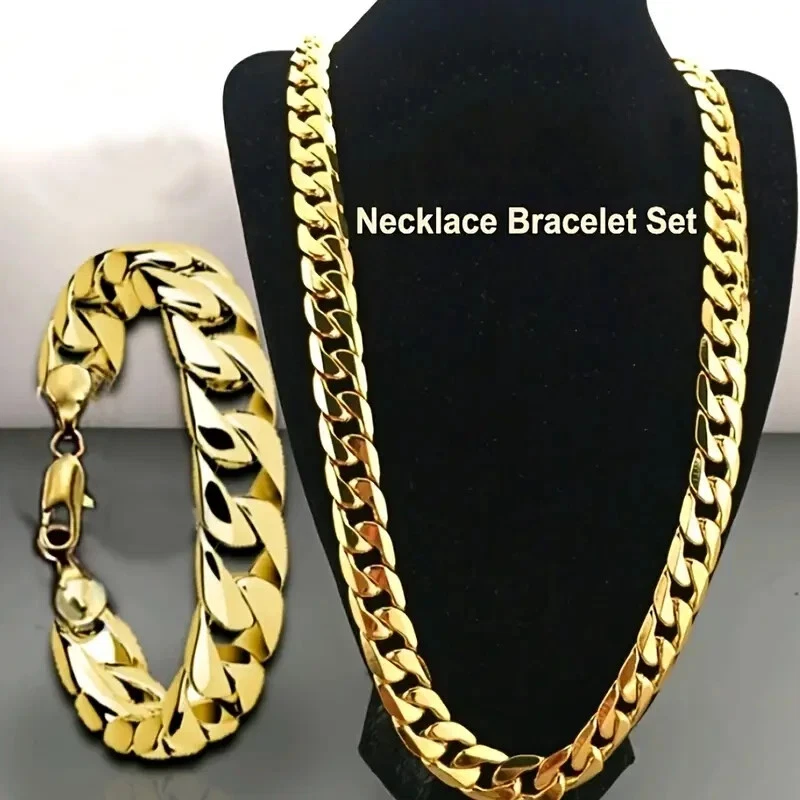 Men&#39;s Hip-hop Inspired 18K Gold Plated Cuban Chain Jewelry Set - Necklac... - $30.10 CAD