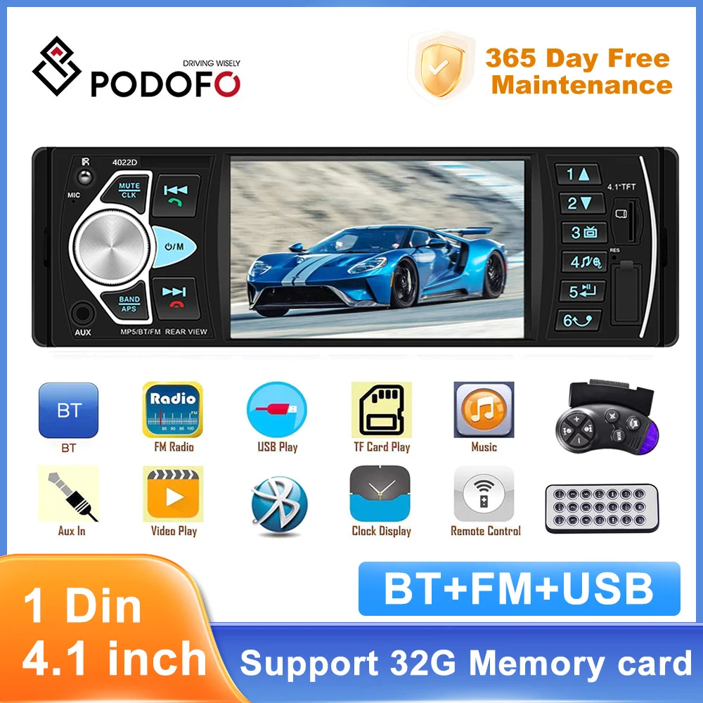 Podofo 1din Car Radio Stereo 4.1 inch Bluetooth FM MP3 Autoradio Multimedia - £42.61 GBP+