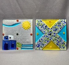 Vintage Fused Glass Art Glass Square Tiles 6&quot; Seaside Villa Abstract Millefiore - £23.74 GBP