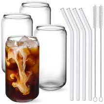 Drinking Glasses With Glass Straw 4Pcs Set - 16Oz Can Shaped Glass Cups, Beer Gl - £22.44 GBP