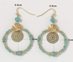 Boho Turquoise Gold Drop Earrings NWOT Beaded Blue - £9.31 GBP