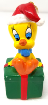 Tweety Bird Santa Hat Christmas Ornament Resin Sitting on Present Vintage - £9.74 GBP