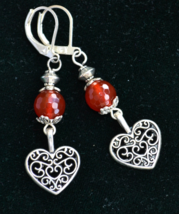 Statement earrings, long silver earrings, Carnelian earrings, heart (E891) - £13.54 GBP